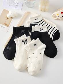 5 đôi tất nữ cổ ngắn màu đen trắng có nơ và chấm bi, chống trơn trượt, thoải mái, thoáng khí, thấm hút mồ hôi, thích hợp cho mùa xuân và mùa hè, phù hợp cho thể thao và giải trí. - Đen và trắng - Xem 5