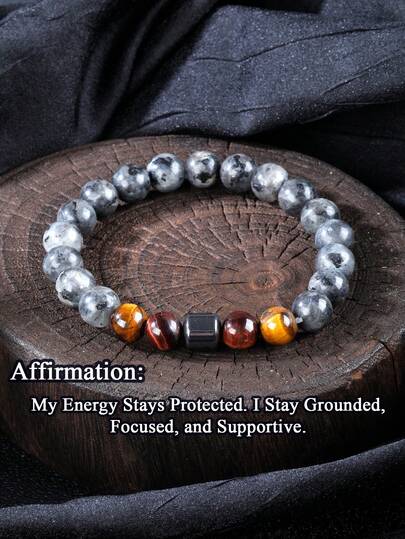 Men's Protection Connection Bracelet, Tigers Eye & Larvikite Protection, Grounding, Sharp Focus Energy Healing Yoga Meditation Jewelry For Women Men Gift For Daily Wear