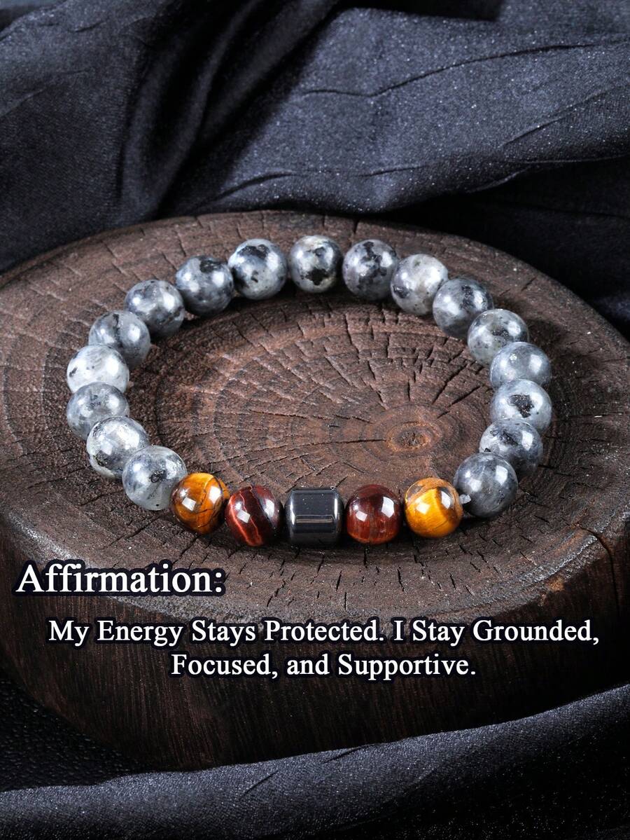 Men's Protection Connection Bracelet, Tigers Eye & Larvikite Protection, Grounding, Sharp Focus Energy Healing Yoga Meditation Jewelry For Women Men Gift For Daily Wear - Multicolor - View 1