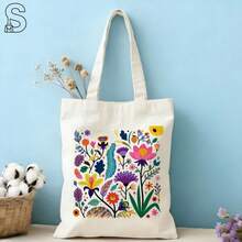 Polyester Canvas Material, Colorful Floral Print Tote Shopping Bag, Stylish And Simple Single-Shoulder Tote, Shopping Bag, Suitable For Daily Outings And Shopping, An Exquisite Gift Choice - Màu be - Xem 1