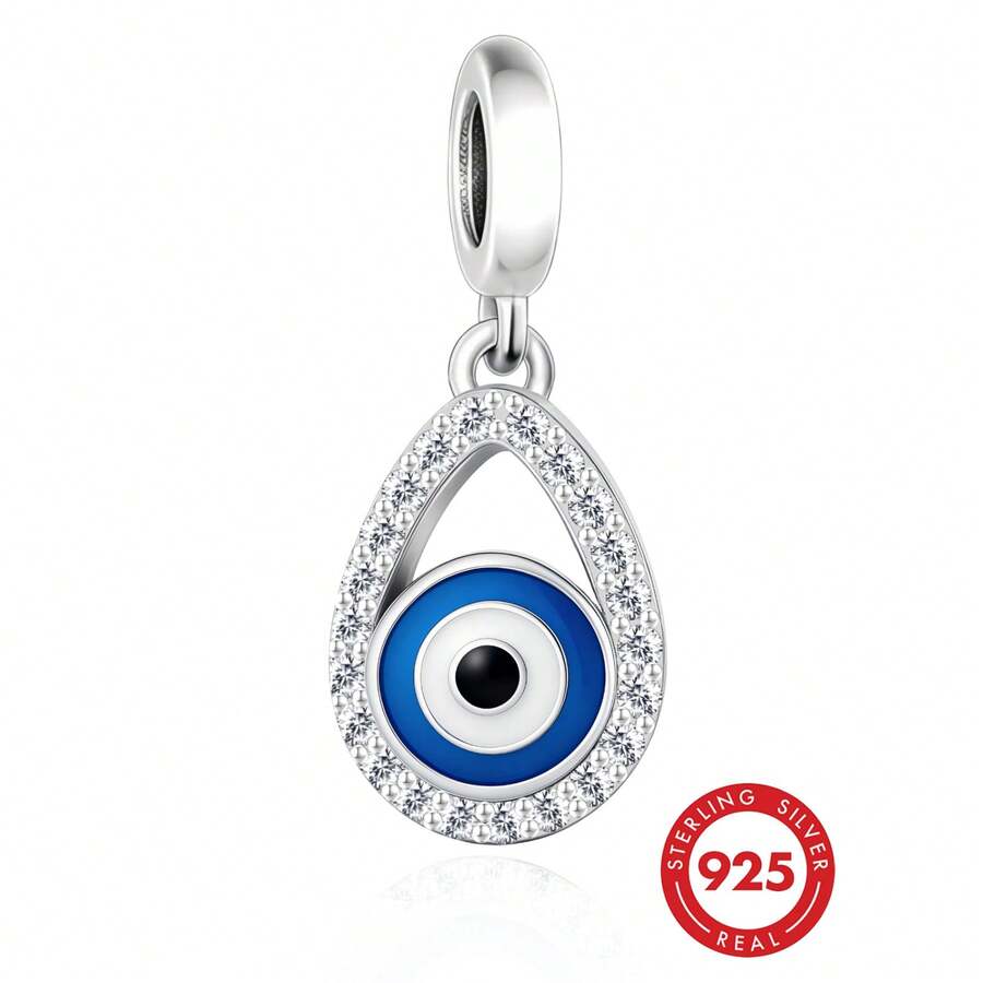 1pc 925 Sterling Silver Cubic Zirconia Eye Shaped Pendant Bead, Protective Amulet Unisex Jewelry Gift - Q4466 - View 1