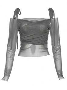 Top de manga larga transparente para mujer, estilo Y2K y urbano.Diseño de cuello inclinado con lazos, hombros descubiertos y corto ajustado.Perfecto para verano y looks streetwear. - Gris - Ver 6