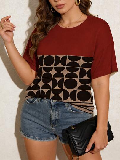 ASHKATIA 大码女式针织毛衣，夏季圆领短袖，酒红色撞色几何半圆图案，美式复古风，休闲日常穿着