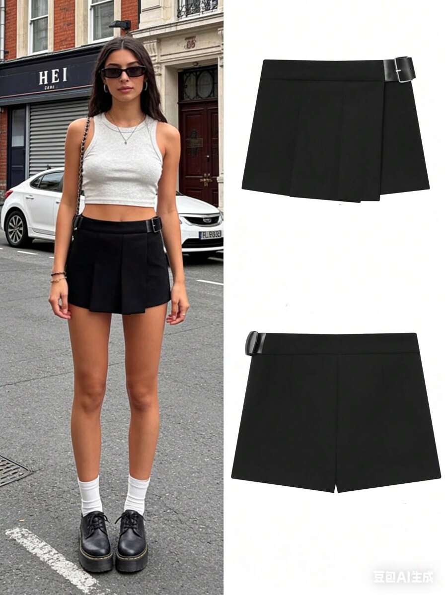 Women's Casual Pleated Shorts With Waist Belt, Solid Color, Non-Stretch, Spring/Summer Black - Black - View 1