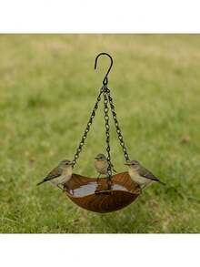 Hanging Bird Bath, Designed For Birds To Play, Spacious Bowl-Shaped With Ample Water, Provides And Comfortable Water Bath, Drinking And Playing Space For Birds. Natural Wood-Grain Appearance Blends Well With Outdoor Environment, Paired With Thick Metal Chain And Sturdy Hanging Hook For Stable Suspension. Open Structure Allows Birds To Freely Enter And Flap Their Wings, Clean Their Feathers. - Multicolor - View 6