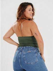 Women's Halter Cropped Top With Halter Neck And Open Back - Summer - Green - View 5