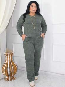 Plus Size Set: Long-Sleeved Blouse And High-Waisted Wide-Leg Pants With Pockets, In Premium Ribbed Knit - Elegant Women's Sweater, Comfortable For Winter, Cold Weather, Everyday Wear, Sizes GG, G1, G2, Cotton, Heather Green. - 綠色 - 查看 1