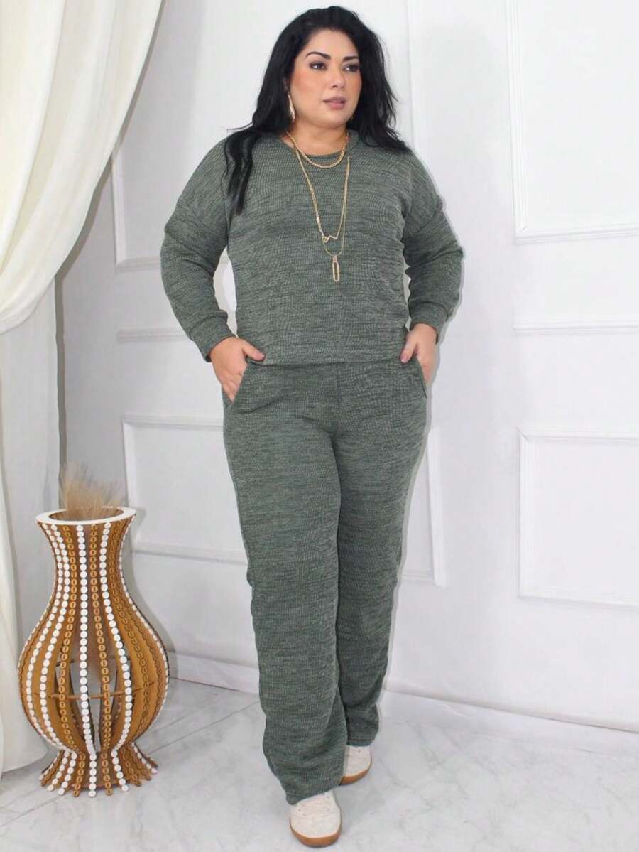 Plus Size Set: Long-Sleeved Blouse And High-Waisted Wide-Leg Pants With Pockets, In Premium Ribbed Knit - Elegant Women's Sweater, Comfortable For Winter, Cold Weather, Everyday Wear, Sizes GG, G1, G2, Cotton, Heather Green. - 綠色 - 查看 1