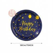 96 件/套海军蓝生日派对用品，金属金箔生日纸盘，7/9 英寸海军蓝带金箔生日派对一次性盘子和杯子及餐巾，适用于生日派对装饰 - 彩色 - 查看 8