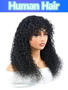 Tóc giả gợn sóng nước bằng tóc thật, có mái, làm từ tóc người Brazil, độ dày 150%, tóc giả nguyên đầu được làm bằng máy, kiểu gợn sóng nước, không cần keo dán, có mái dành cho nữ, sẵn sàng để đội và sử dụng. - Natural Black - Xem 3