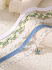 5pcs/Set Girls' Water-Soluble Satin Ribbon Starfish & Flower Necklace Set - Multicolor - View 2