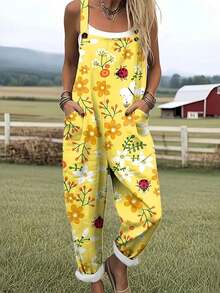 Flower Ladybug Butterfly Print Women's Adjustable Strap Overalls, Polyester Fabric, Lightweight & Breathable, Women's Clothing, Regular Women's Clothing, Women's Jumpsuits & Rompers, Women's Jumpsuit, Women's Plus Size Jumpsuit - 彩色 - 查看 1