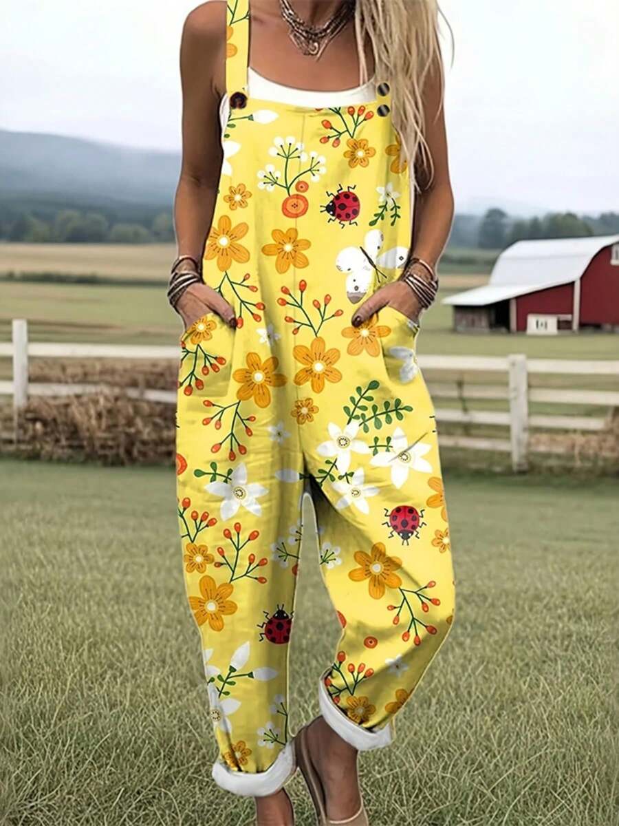 Flower Ladybug Butterfly Print Women's Adjustable Strap Overalls, Polyester Fabric, Lightweight & Breathable, Women's Clothing, Regular Women's Clothing, Women's Jumpsuits & Rompers, Women's Jumpsuit, Women's Plus Size Jumpsuit - 彩色 - 查看 1