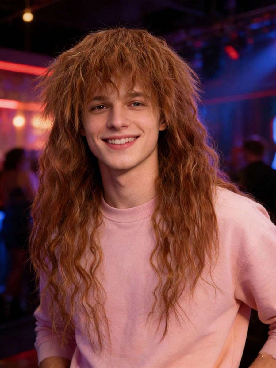 Peluca rizada marrón de 20 pulgadas con estilo retro de estrella del rock, de fibra sintética, peluca completa esponjosa unisex, adecuada para cosplay, fiestas y uso diario - Marrón - Ver 1