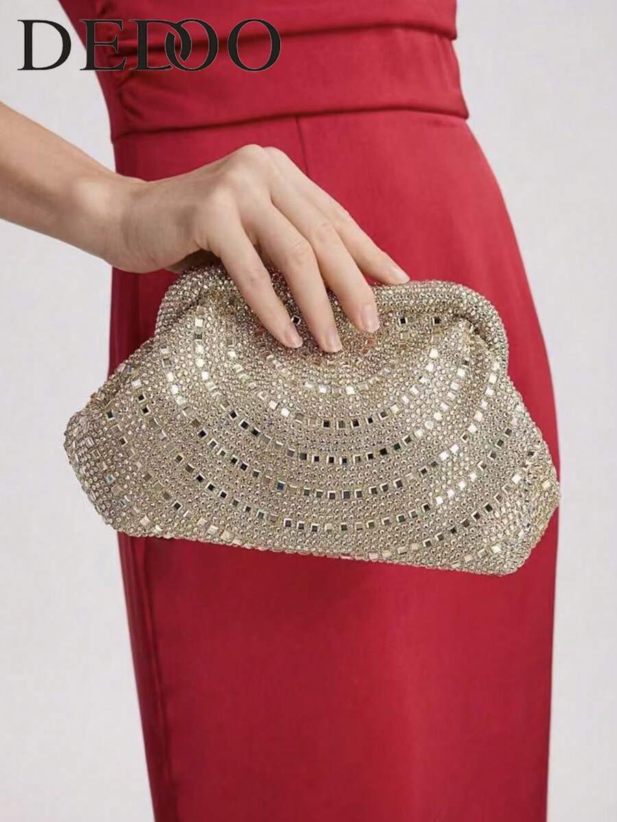 Dedoo Túi xách cầm tay dự tiệc cao cấp màu bạc đính đá lấp lánh, tinh tế và lộng lẫy với hình dáng đám mây/hình bánh bao, có khóa cài khung, phù hợp cho các dịp trang trọng như tiệc chiêu đãi, đám cưới, tiệc tùng và sự kiện thảm đỏ. - Vàng - Xem 1