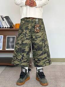 1件美式街头风男士刺绣拼接多口袋阔腿宽松休闲牛仔短裤（不含腰带和配饰） - 綠色 - 查看 9