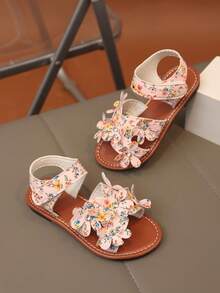 1 Pair Girls' Floral Decor PU Sandals, Soft Sole Non-Slip Wear-Resistant Open Toe Design, Flat Low Heel, Sweet Fresh Style, Children's Sandals For Daily, School, Outdoor, Beach, Summer Breathable & Comfortable - Pink - View 8