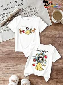 DisneySnowWhite Baby T-Shirt, Summer Casual Girl Top, Y2K Style, Q-Version Cartoon Print, Comfortable And Soft Fabric, New Summer Arrival, Perfect For Everyday Outings, Sports, And Travel, Ideal Gift. - 白色 - 查看 1