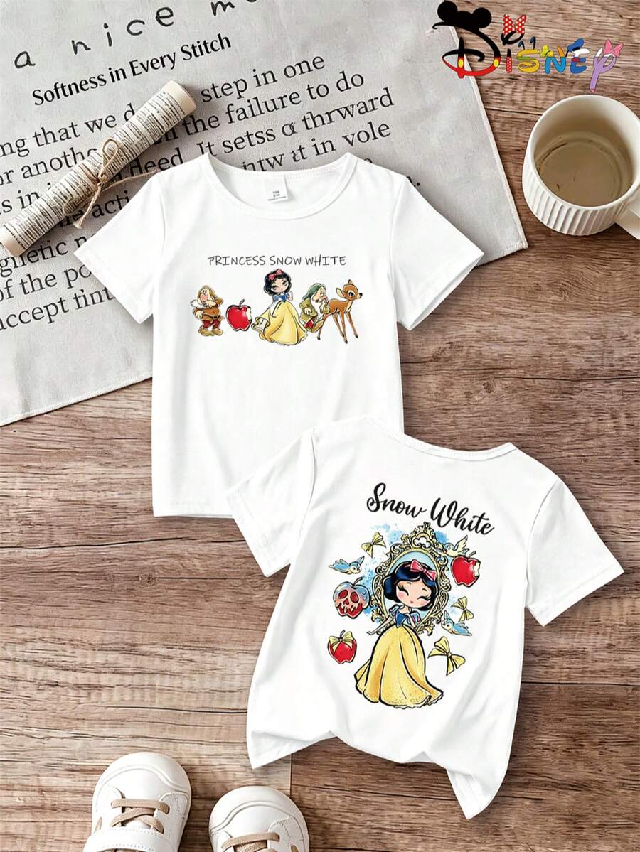 DisneySnowWhite Baby T-Shirt, Summer Casual Girl Top, Y2K Style, Q-Version Cartoon Print, Comfortable And Soft Fabric, New Summer Arrival, Perfect For Everyday Outings, Sports, And Travel, Ideal Gift. - 白色 - 查看 1