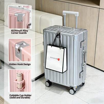 56*36*23cm, 20-Inch Carry-On Suitcase With Aluminum Alloy Frame, Water Bottle Holder, Hooks, Cushioned Handle, Aluminum Alloy Corner Protectors, Glossy PC Hard Case, Three-Stage Pull Rod, Combination Lock, Silent Wheels, Ultra-Lightweight At Only 6.39LB. Luggage Case Luggage Suitcase Luggage With Wheels Carry On Suitcase Travel Luggage Suitcase Bag Durable Large Capacity Clothes Storage For Business Holiday Essentials Cruise Essentials