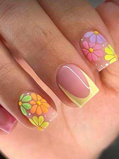 Nâng cấp diện mạo tức thì với 24 móng tay giả hình vuông ngắn dễ thương, màu tím hồng vàng, kiểu Pháp với hoa hồng, màu hồng tím vàng cam trang nhã, họa tiết Macaron, móng tay giả che phủ toàn bộ móng cho mùa xuân/hè, dành cho phụ nữ và bé gái. Bao gồm 1 tờ keo dán và 1 dũa mini dạng gel. Giao hàng ngẫu nhiên.