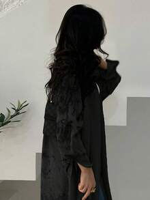 1pc Elegant Tie-Waist Casual Split Cuff Batik Print Abaya, Arabian Dubai Fashion Saudi Open Cardigan Robe Shawl, Suitable For Daily Wear And Gatherings Spring Black - Black - View 3