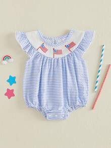 Newborn Infant Patriotic Romper, Blue Striped American Flag Embroidered Bubble Romper With Ruffle Sleeves, 4th Of July Summer Outfit - 藍色 - 查看 2
