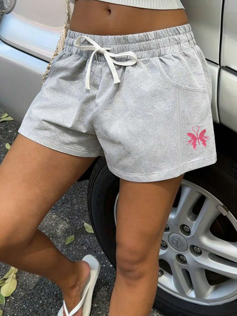 Pantalones cortos casuales para mujer para exteriores, con diseño bordado de mariposa, cintura alta con cordón para un ajuste delgado, adecuados para uso diario, fitness, senderismo, playa, escalada, regalo perfecto para la novia deportista