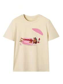 Vintage Camiseta de manga corta de cuello redondo holgada con estampado de salchicha, ideal para el uso diario, nueva y casual para el verano, para tomar el sol en la playaFashion Cuello Redondo Algodón 100% Tejido Suave Manga Corta Transpirable y Fresca - Albaricoque - Ver 3