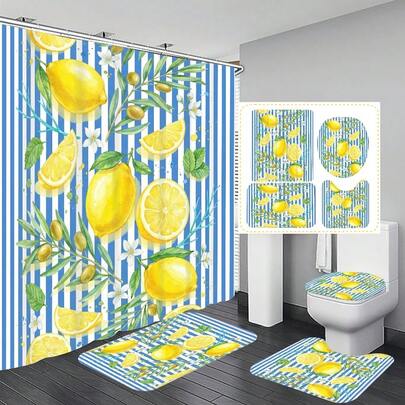 1pc/4pcs Lemon Blue & White Striped Pattern Multifunctional Bathroom Decor Shower Curtain Set, Free 12 Hooks Included, Elegant Holiday Atmosphere, Bathroom Mat, U-Shaped Toilet Mat And Round Toilet Mat, Suitable For All Scenarios Bathroom Set