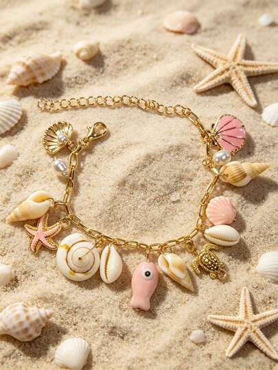 1 chiếc mặt dây chuyền hình sao biển, vỏ sò, cá mòi, rùa biển, vòng tay charm sinh vật biển, đồ trang trí hấp dẫn cho thanh thiếu niên, quà tặng trang sức đi biển cho phái nữ, mùa hè.
