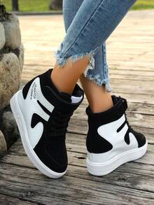 Zapatillas de plataforma para mujer, nueva moda coreana con , zapatos gruesos de plataforma que aumentan la altura, zapatos de suela gruesa, zapatos de caña alta, zapatos casuales de ante de color block - Negro - Ver 4