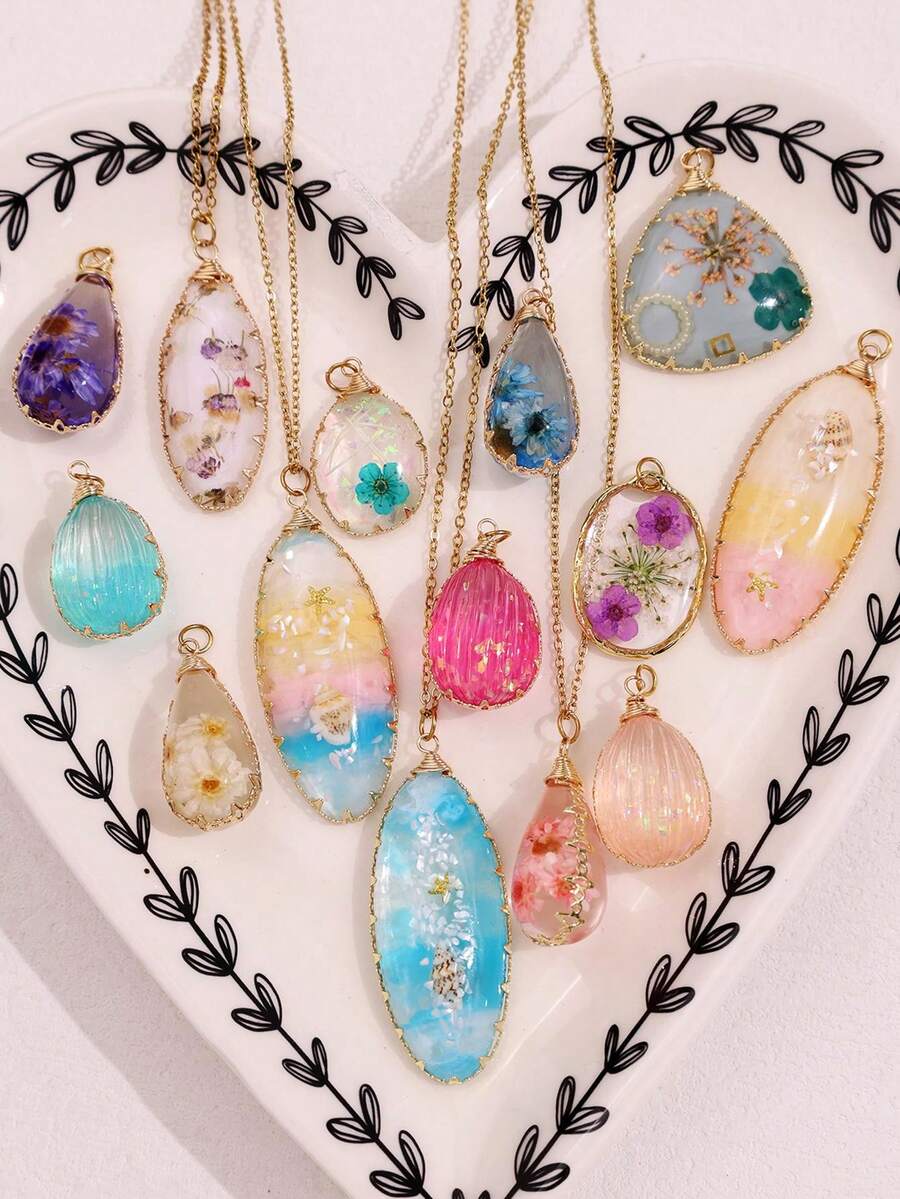 1件波西米亚风彩色树脂贝壳干花吊坠项链，优雅不对称水滴形树脂项链，适合日常、假日、节日佩戴，生日及节日礼物