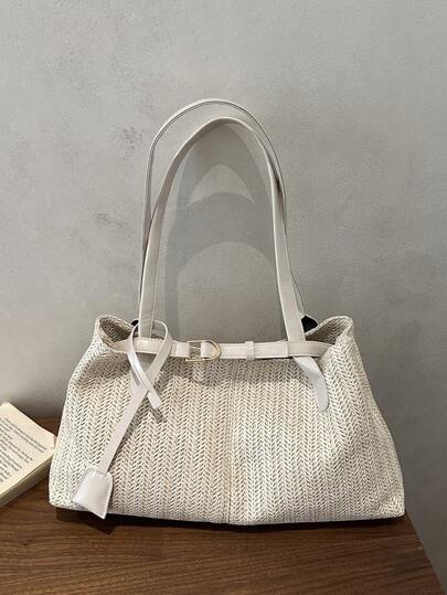 Large Capacity Straw Tote Bag, Fashionable Korean Style Casual Shoulder Bag, Women's Commuter Bag, Summer New Straw Bag, Beach Bag With Leather Decoration And Dual Handles