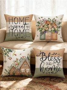 1/4Pcs Home Sweet Home Bless Our Home Pillow Covers, Cottage Floral Print Decorative Throw Pillow Cases, 18x18 Inch Linen Cushion Covers, Farmhouse Spring Home Decor For Sofa Couch, No Pillow Insert - Flower - View 4