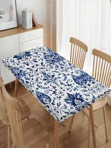 1 pieza Mantel elástico con estampado floral de porcelana azul y blanco, cubierta de mesa rectangular impermeable y resistente a las manchas, adecuada para patio, jardín, comedor al aire libre, decoración de cocina del hogar, protector de mesa bohemio y retro - A - Ver 12