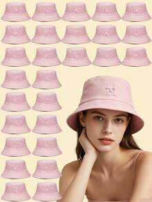 1pc 26 Letter Fuzzy Patch Bucket Hat, Women Casual Wide Brim Sun Protection Beach Hat, Suitable For Beach, Vacation, Travel, Streetwear And Daily Outfit,Summer,Holiday,Festival - Pink - View 1