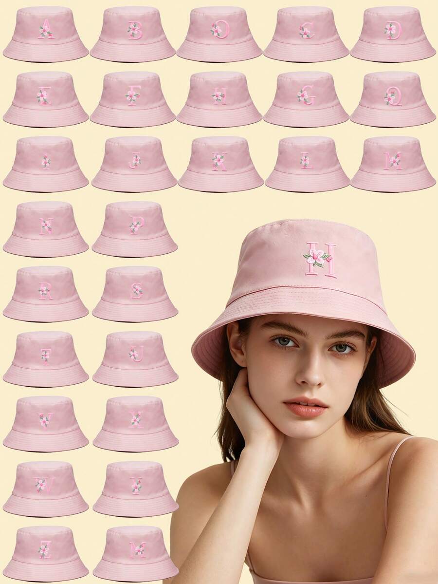 1pc 26 Letter Fuzzy Patch Bucket Hat, Women Casual Wide Brim Sun Protection Beach Hat, Suitable For Beach, Vacation, Travel, Streetwear And Daily Outfit,Summer,Holiday,Festival - Pink - View 1