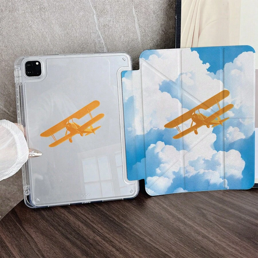 1pc Vintage Yellow Biplane Print Transparent Acrylic Multi-Angle Foldable Stand Tablet Case With Pen Slot, Suitable For IPad 10.9/10.2/Air 5th Gen/Pro11/10th/9.7/Air 2/(7th Gen)/(8th Gen)/Air 4/5/Pro 11/10th Generation 10.9 Inch 2022/Air 13(M3 2025) - Multicolor - View 1