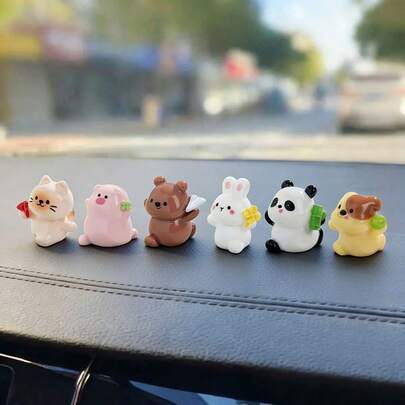 6件套创意可爱奔跑动物摆件，迷你景观装饰，适用于汽车仪表盘、桌面、DIY配件