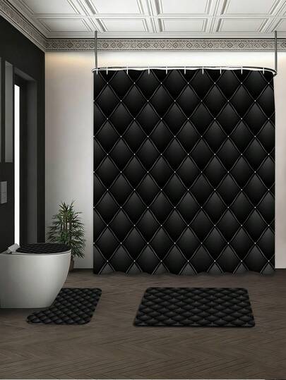 1件/4件套黑色柔软质感浴室浴帘和地垫套装，浴帘带12个挂钩，防滑U型马桶垫，马桶座套，防水涤纶面料，现代浴室和卧室家居装饰，浴室装饰 | 现代浴室装饰 | 耐用浴帘，浴室装饰