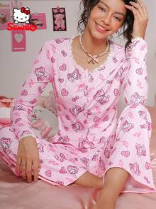 SANRIO 女士两件套粉色睡衣，蕾丝拼接，爱心蝴蝶结印花，甜美可爱，家居服，睡衣套装，休闲装 - 粉色 - 查看 3
