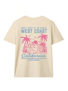 Camiseta de manga corta con cuello redondo para mujer, estilo casual de verano, con estampado de palmera y eslogan, sencilla y versátil, adecuada para uso diario. Camiseta con estampado, camiseta de mujer para vacaciones.-Estilo callejero vintage, unisex, holgada, de algodón, manga corta, cuello redondo, blusas para mujer, playeras de mujer, blusas casuales para dama. - Albaricoque - Ver 3