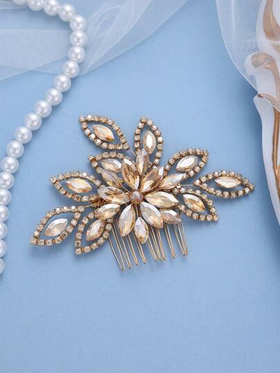 1pc Champagne Gold Rhinestone Flower Hair Comb, Elegant Bridal Hair Accessory For Wedding, Ball, Party