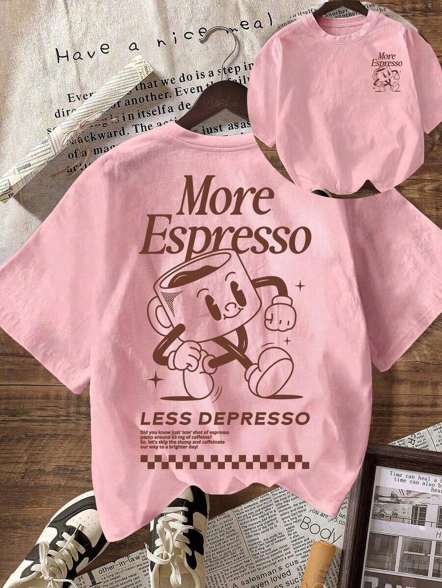 Camiseta de manga corta de cuello redondo holgada con gráfico del Club de Café Espresso, casual de verano para mujer - Rosa Pálido - Ver 1