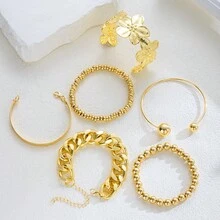 6 Stücke/5 Stücke/1 Stück Vintage Punk Stil übertriebenes CCB leichtes Perlenarmband, Kette, Blumen Manschette Armband Set, geeignet für Damen Alltag, Party, Date, Urlaub, stapelbar, perfekte Geschenkwahl - Gold - Übersicht 4