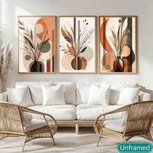 3pcs Modern Abstract Potted Plant Canvas Triptych, Frameless Wall Art In Muted Tones For Living Room, Bedroom Decor, Contemporary Geometric & Botanical Design Posters, Wall Decor - 111 - View 2