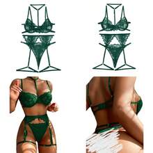 Lilosy Sexy Choker Floral Lace Scallop Sheer Underwire Push Up Garter Belt Lingerie Set 3 Piece - 軍綠色 - 查看 1