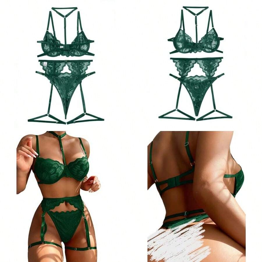 Lilosy Sexy Choker Floral Lace Scallop Sheer Underwire Push Up Garter Belt Lingerie Set 3 Piece - 軍綠色 - 查看 1