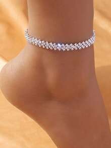 2pcs Luxury Heart Metal Inlaid CZ Silver Anklet Set, Suitable For Women's Daily Wear And Dating - Silver - View 4
